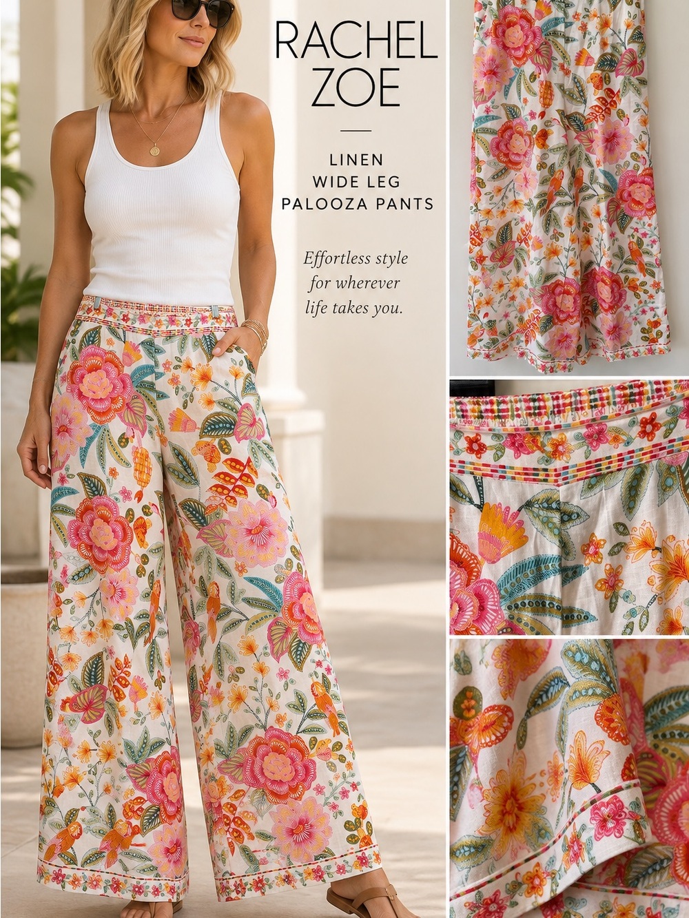 Rachel Zoe Wide-Leg Floral Pants - Pink, Green & Orange Linen